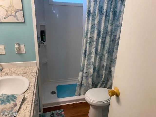 Bathroom with vanity, a shower stall, and wood finished floors