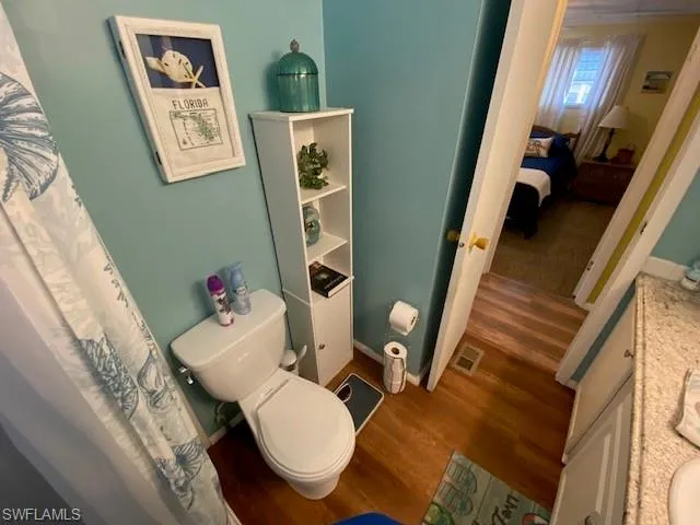 Ensuite bathroom with vanity, dark wood-type flooring, and a shower with shower curtain