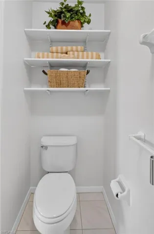 White toilet with a dual flush mechanism, complemented by three wall-mounted adjustable shelves