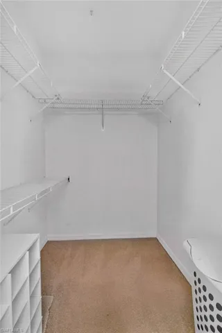 Walk-in closet featuring built-in wire shelving, a hanging rod, and neutral-toned carpeting