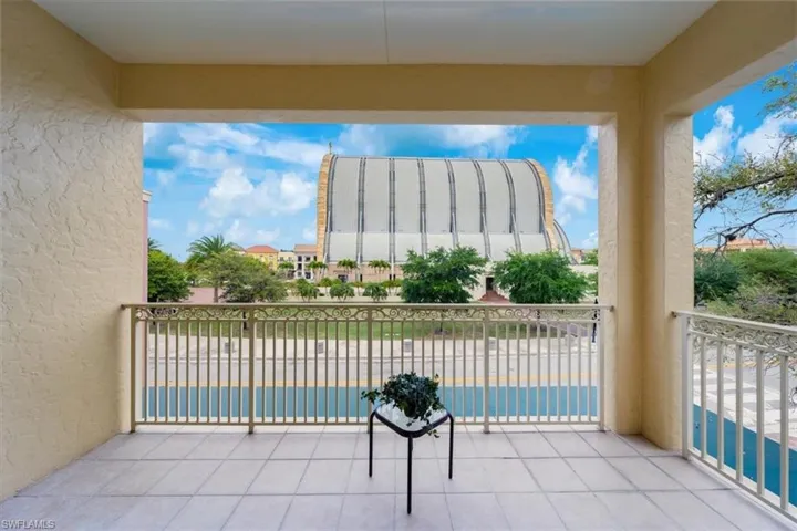 Covered balcony w/view of the church