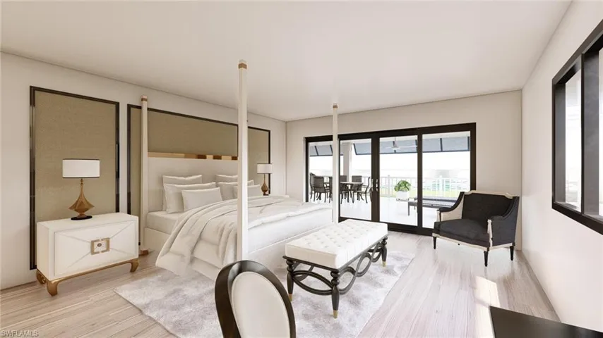Bedroom featuring access to exterior and light wood-type flooring