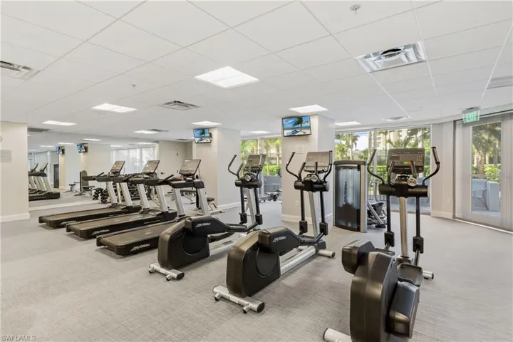 Workout area with plenty of natural light, carpet, and a drop ceiling