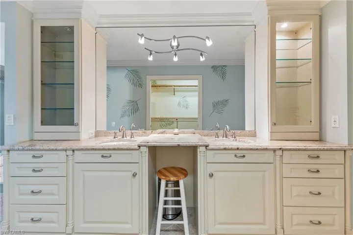 Bathroom featuring crown molding, rail lighting, and vanity with extensive cabinet space