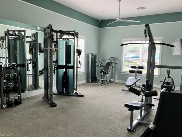 Gym featuring carpet and ceiling fan