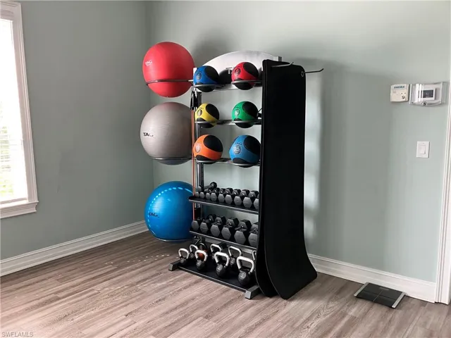 Workout room featuring hardwood / wood-style flooring