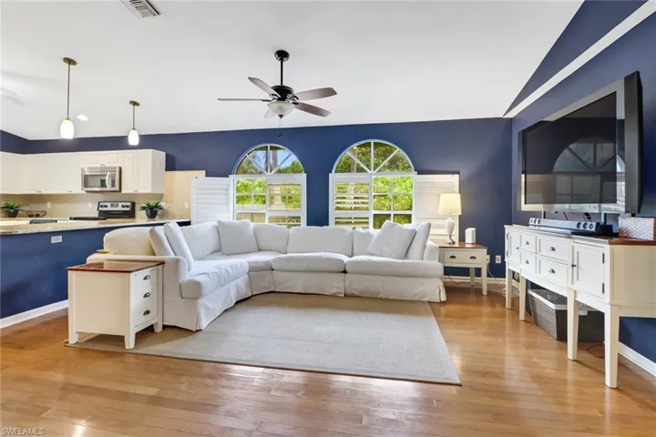 Living room featuring lofted ceiling, light hardwood / wood-style floors, and ceiling fan