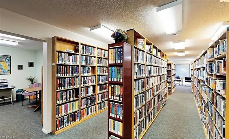 Miscellaneous room with bookshelves, a textured ceiling, and carpet flooring