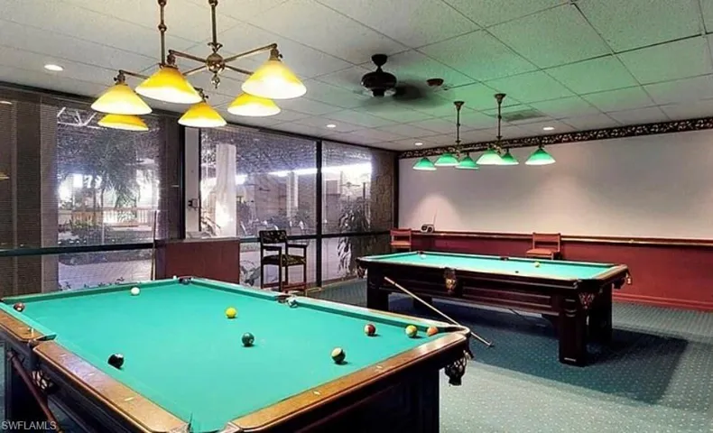 Playroom featuring carpet flooring, billiards, a paneled ceiling, and recessed lighting