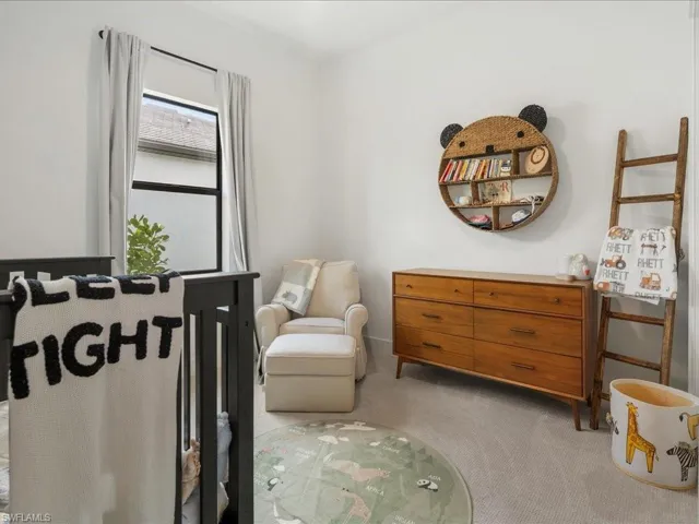 Living area featuring light carpet