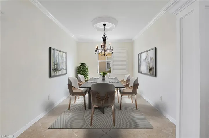 Virtual Staging - Dining space featuring a chandelier, baseboards, light tile patterned floors, and crown molding.