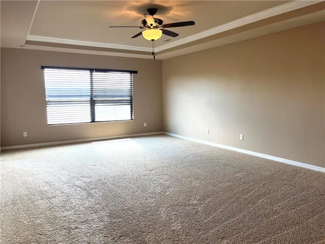 Carpeted empty room with a tray ceiling, a ceiling fan, and ornamental molding