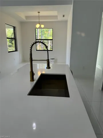 Kitchen featuring a tray ceiling, a wealth of natural light, sink, and pendant lighting