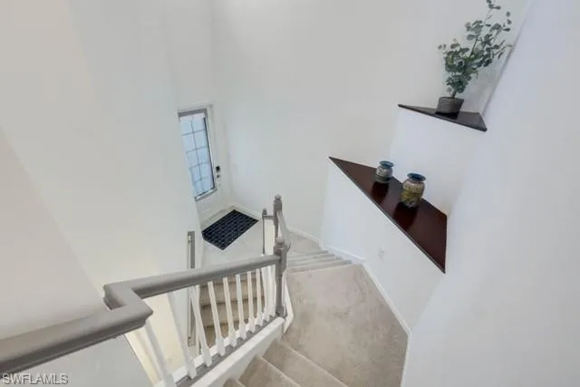 Carpeted stairway and custom wood shelving