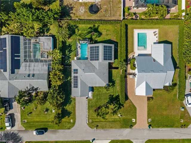 Drone / aerial view of a pool area