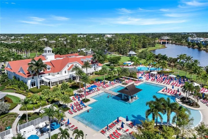 Bird's eye view of a pool and a nearby body of water