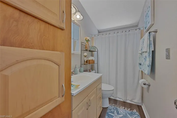 Bathroom featuring wood finished floors, toilet, vanity, baseboards, and a shower with curtain