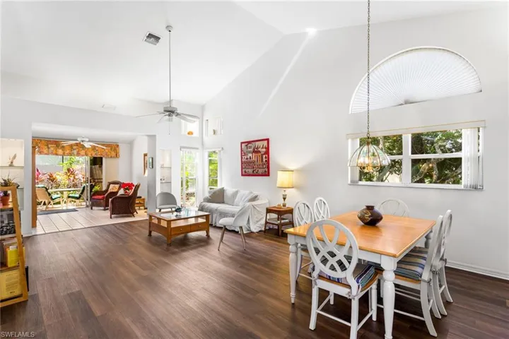 Spacious great room has vaulted ceilings, great light and so much room!