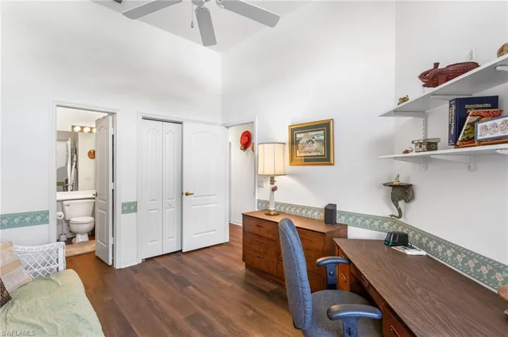 The guest room has vaulted ceiling, floor-to-nearly ceiling window for great light, and direct access to the full bath.
