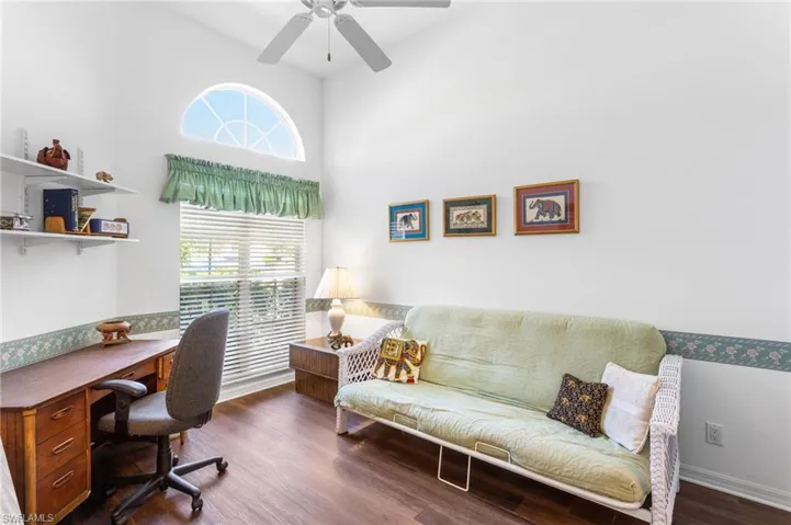 The guest room has vaulted ceiling, floor-to-nearly ceiling window for great light, and direct access to the full bath.