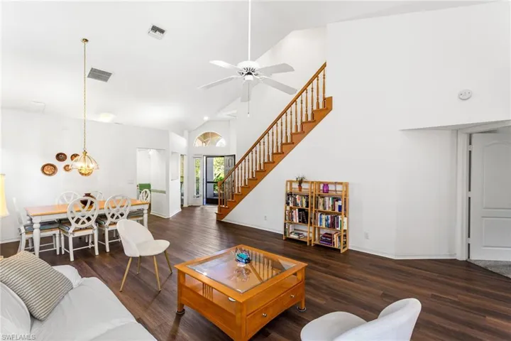 Spacious great room has vaulted ceilings, great light and so much room!