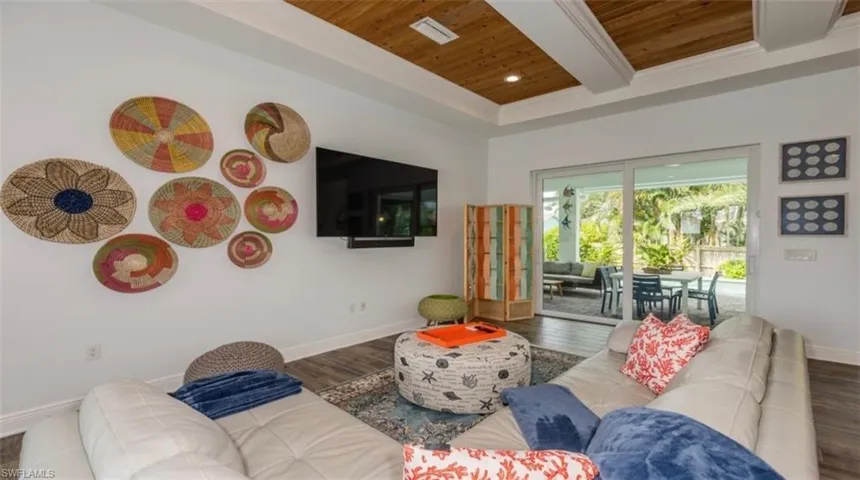 Living area featuring a wood ceiling with exposed beams, wood finished floors, and recessed lighting
