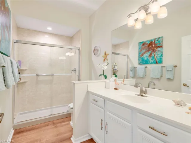Full bath with vanity, light wood-type flooring, and a shower stall