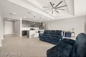 Living room featuring a raised ceiling and a ceiling fan