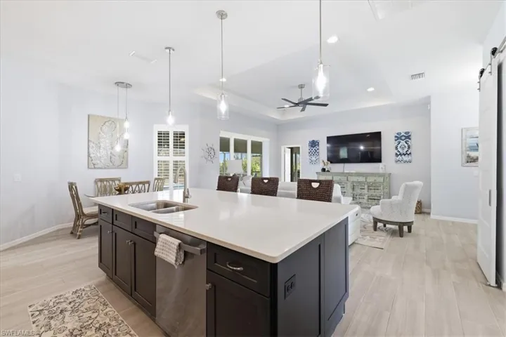 Kitchen with a barn door, a tray ceiling, dishwasher, decorative light fixtures, and open floor plan