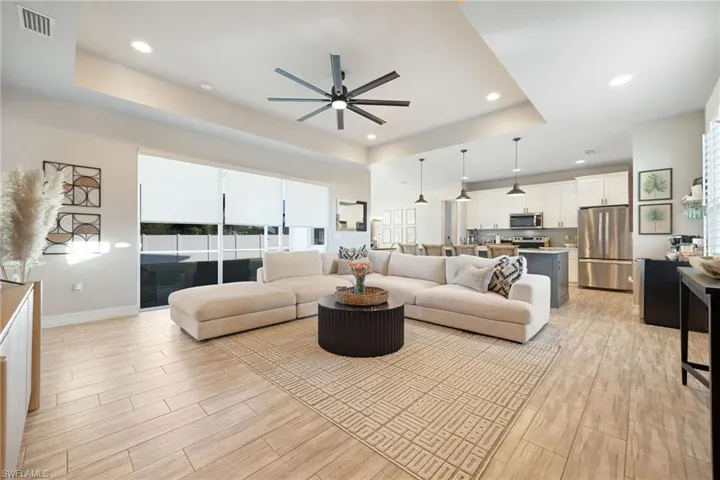 Living room featuring a tray ceiling and ceiling fan