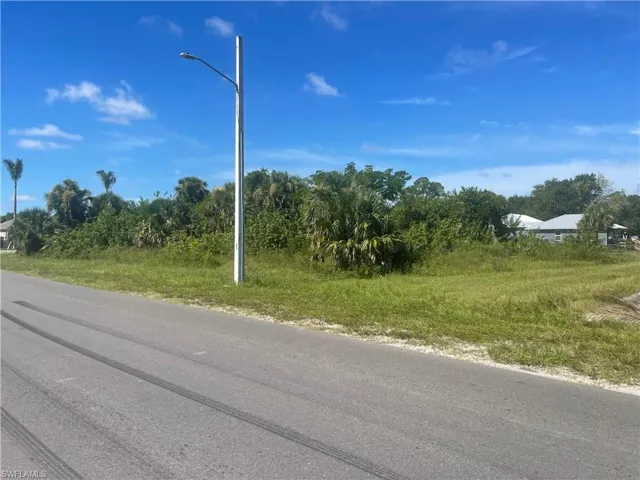 View of asphalt street featuring street lighting and view of wooded area