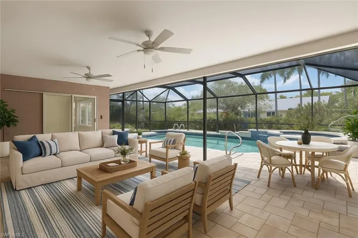 Covered lanai with plenty of room and Southern exposure! (virtually staged) (Note home exterior is now painted white)
