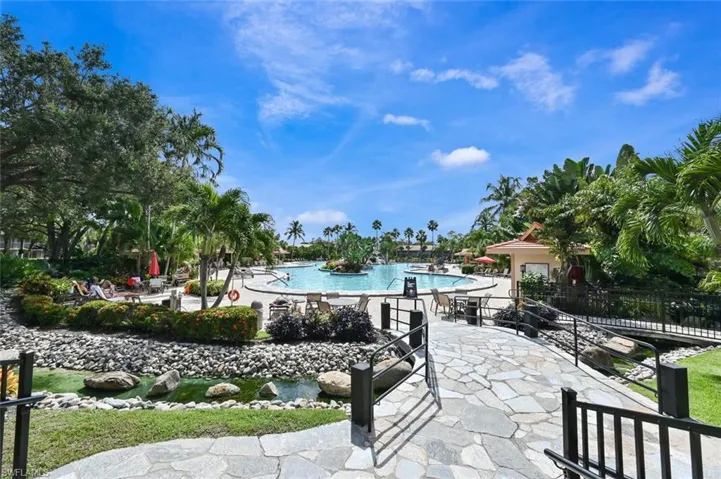 Surrounding community with a patio and a swimming pool