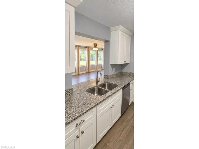 White shaker-style cabinetry with chrome hardware, dual basin stainless steel sink, speckled countertop, and wood-finish flooring