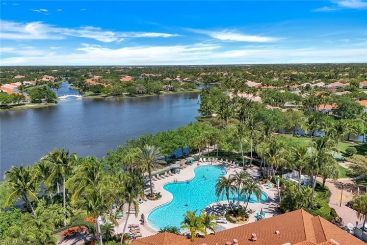 Birds eye view of property with a water view