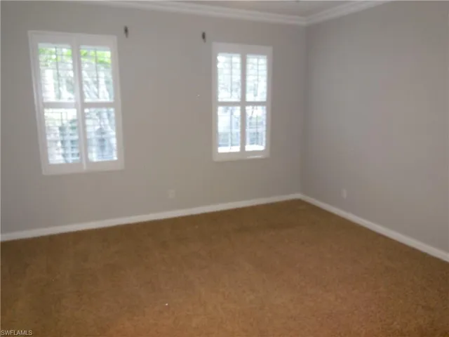 Carpeted spare room with ornamental molding