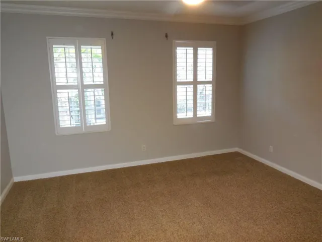 Empty room featuring crown molding, carpet flooring, and a healthy amount of sunlight