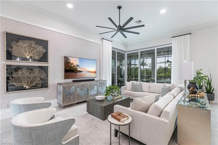 Ceiling fan, wall trim, wall coverings, and custom window treatments