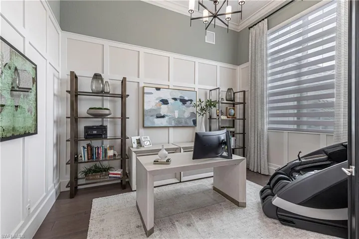 Office with custom wall and ceiling details