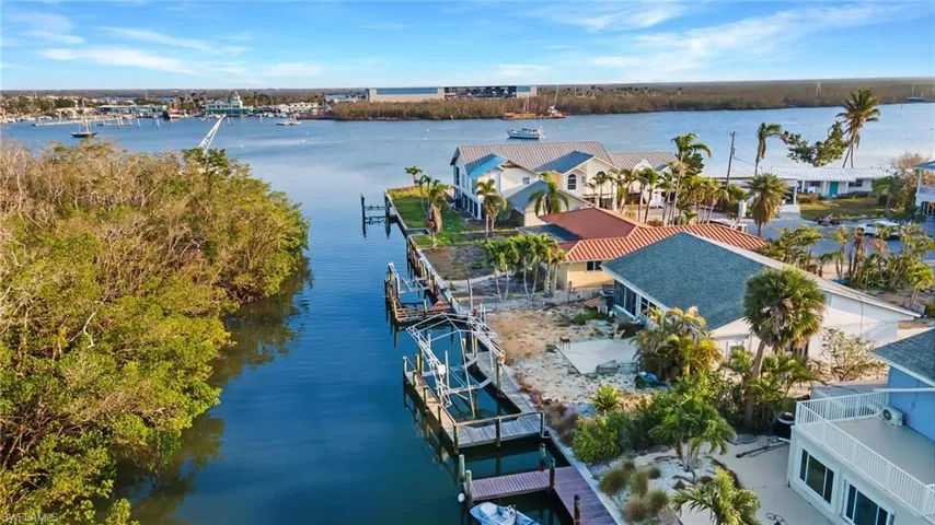 Birds eye view of property with a water view