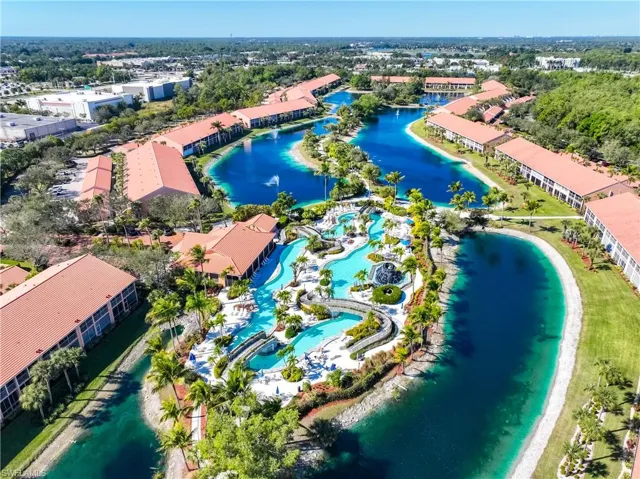 Aerial view of a the club house, lazy river area
