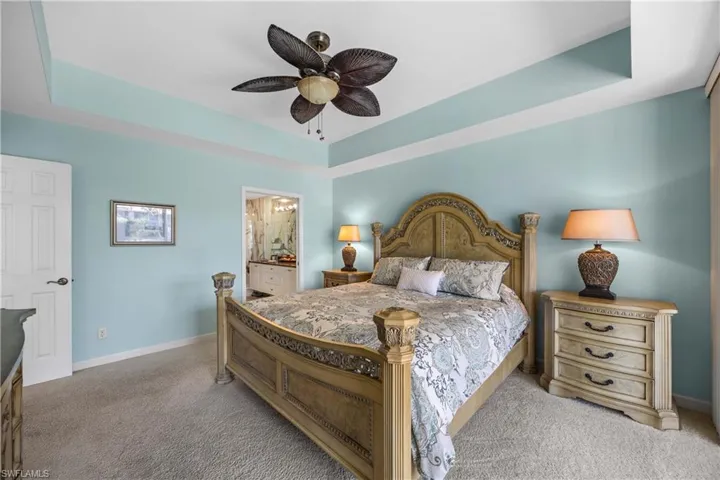 Bedroom featuring a tray ceiling, ceiling fan, and  NEW carpet
