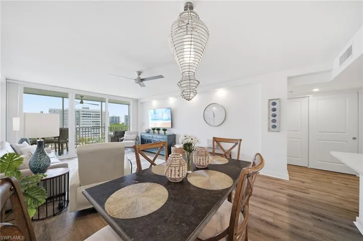 Open dining area with water views. A good meal tastes better on the eighth floor."