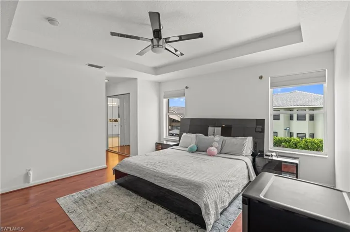 Bedroom with multiple windows and a tray ceiling