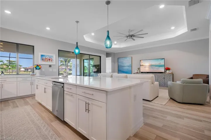 Kitchen with white cabinetry, light hardwood / wood-style flooring, and a raised ceiling