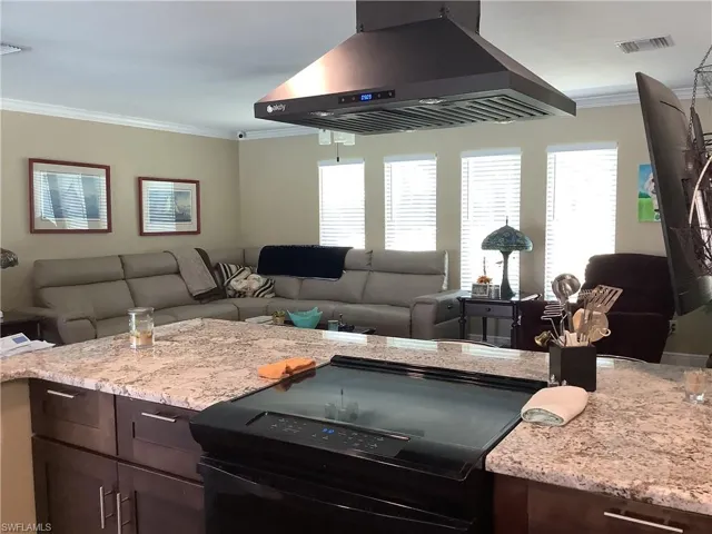 Kitchen featuring island exhaust hood, crown molding, open floor plan, dark wood finish cabinetry, and light stone countertops