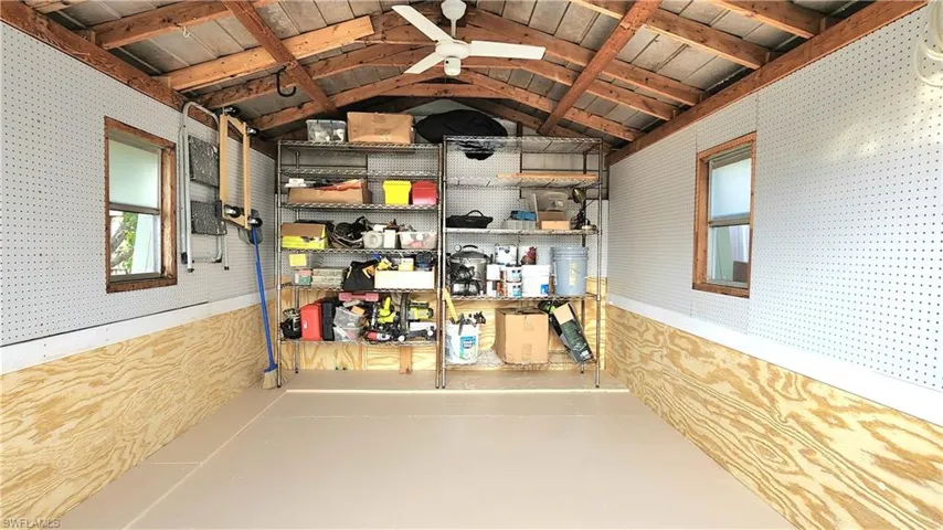 Large storage building featuring ceiling fan
