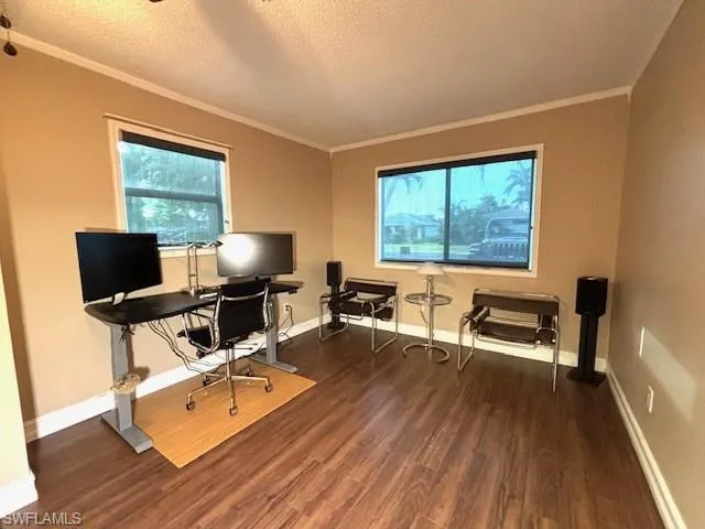 Office space with crown molding, a textured ceiling, and dark hardwood / wood-style floors