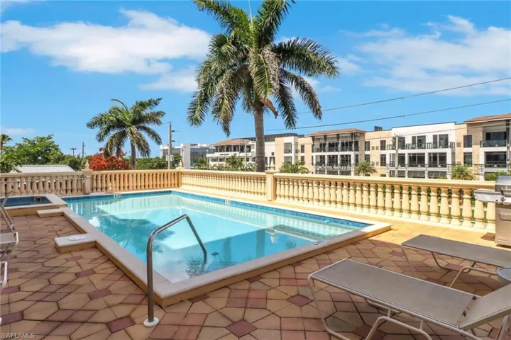 Community pool featuring a grill and a patio