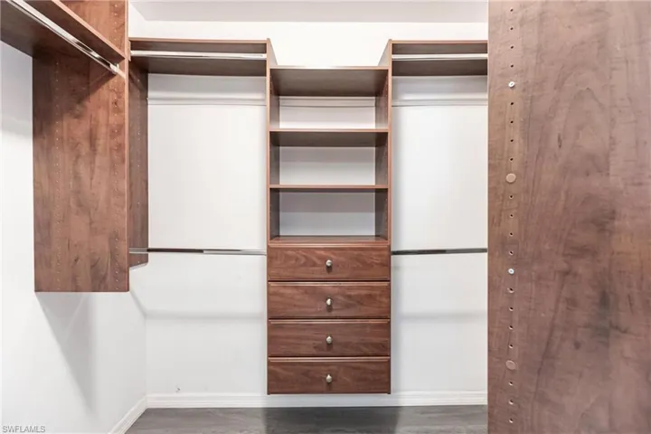 Spacious closet with dark hardwood / wood-style floors